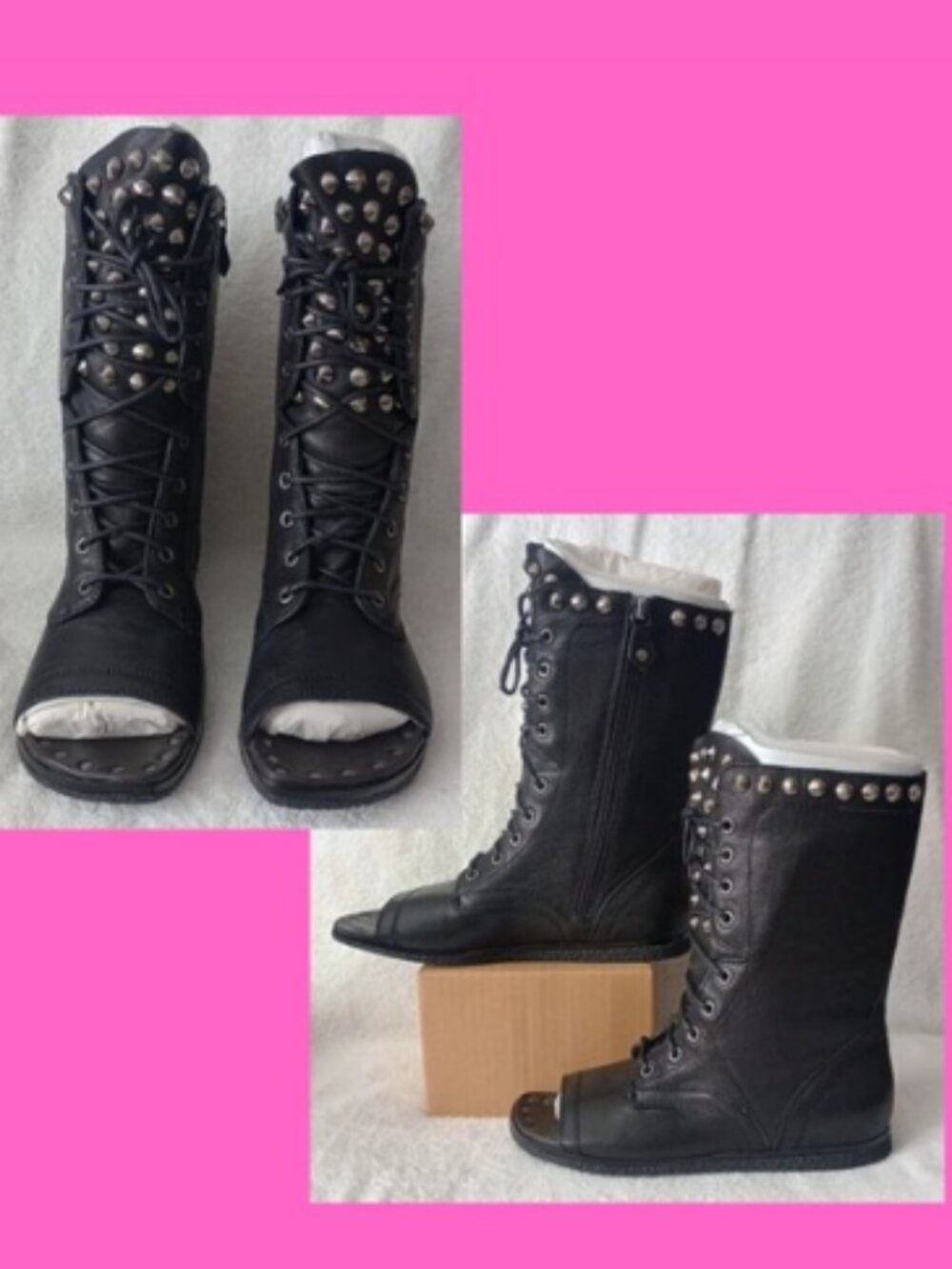 Lisa For Donald J Pliner 6M Ghalib Black Calf Leather Studded Open Toe Boots NWB